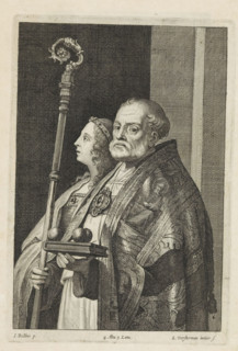 St. Nicholas of Myra and a female saint, print, album page, Saint Nicholas wears a bishop's robe.