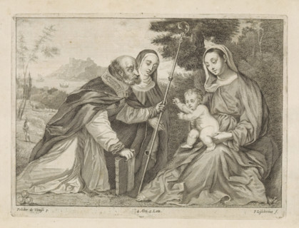 St. Nicholas of Myra kneels before Mary and the Christ Child, print, album page. In his hands a