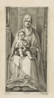 Seated Mary with Christ Child (Sedes sapientiae), print, album page, Mary is seated on a throne. An