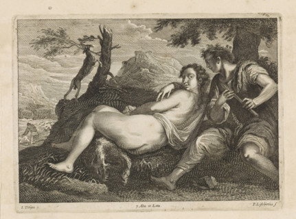 Shepherd by a nymph, print, album page, A naked nymph lies on an animal skin in a landscape. Beside