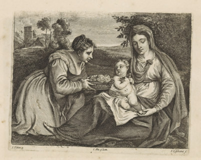 St. Dorothea offers the Christ Child a basket of flowers, print, album page, St. Dorothea kneels