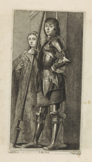 St. George and St. Cecilia, print, album page, Saint George holds a lance. This print is part of an