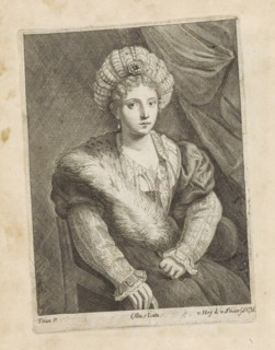 Portrait of Isabella d'Este, print, album page, On a chair in front of a drapery. This print is