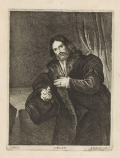 Portrait of a man with a golden claw, possibly Leonino Brembate, print, album page, He wears a