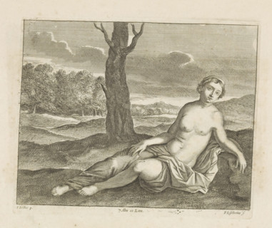 Lying woman in a landscape, print, album page, Possibly a nymph. This print is part of an album.,