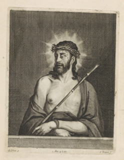 Ecce Homo, print, album page, Christ with crown of thorns, cloak and reed stalk as scepter. His