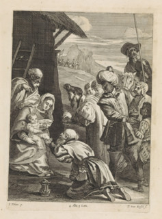 Adoration of the Kings, print, album page, The Three Kings and their retinue present gifts to the