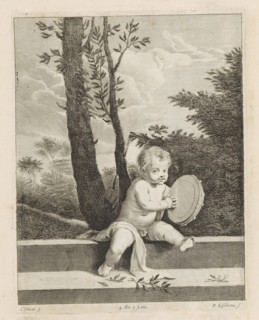 Putto with a tambourine in a landscape, print, album page, Leaves lie at his feet. This print is