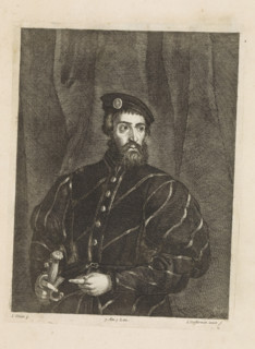 Portrait of an unknown man, print, album page, His right hand rests on his sword. He stands in