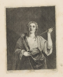 Death of Lucretia, print, album page, Lucretia is about to plunge a dagger into her breast. This
