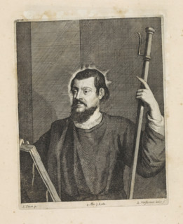 Portrait of Francesco Filetto as St. James the Greater, print, album page, With halo, book and