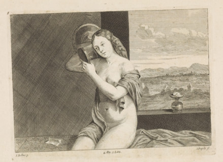 Sitting nude woman with mirror, print, album page, A nude woman sits on a bench and looks at her