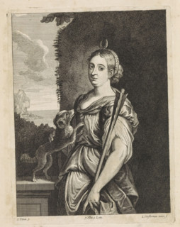 Diana, print, album page, A dog jumps up against her. In the distance a landscape. This print is