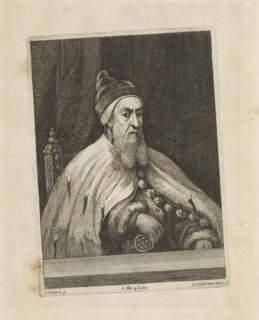 Portrait of Doge Nicolò da Ponte, print, album page, He is sitting at a table. This print is part