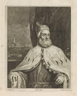 Portrait of Doge Francesco Donato, print, album page, He is seated in front of a drapery. Behind