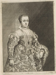 Portrait of an unknown young woman, print, album page, The woman is wearing a brocade dress. A fur
