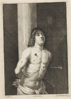 Martyrdom of St. Sebastian, print, album page, Saint Sebastian is bound to a pillar. His body is