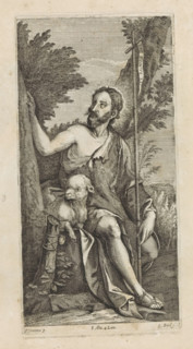 St. John the Baptist, print, album page, He sits next to a lamb by a tree. In his hand the cross.