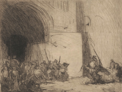 Fantasia, print, A group of horsemen at a gate. On the right, a horseman on a rearing horse. He