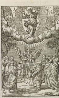 Ascension of Christ, print, album page, book illustration, Christ, with raised hands, is taken up