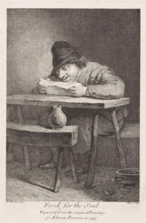 Food for the Soul, Reading farmer at a table, print, The farmer reads a letter or newspaper.,