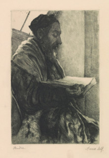 Reading Jew, Study, print, Portrait of a reading Jew with an open book in his hands. A prayer shawl