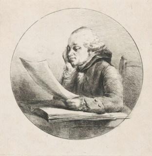 Portrait of a man, possibly Hugues-Adrien Joly, print, seated at his desk with a sheet of paper in