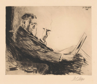 The printlover, Man looking at a print with a cigar in his hand, print, A seated man with a cigar