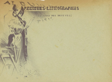 Woman with a print in her hand next to a print stand, print, envelope, printmaker: Henri Patrice