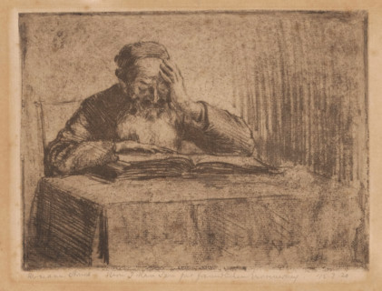 Reading Jewish man, print, Behind a table sits a Jewish man with a beard and a yarmulke reading an
