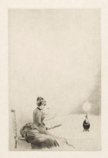 Sitting woman with an album at a table, print, printmaker: Henri Boutet, 1861 - 1919, paper,