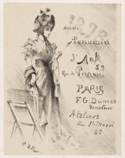 Woman looking at a print, next to her a print stand., print, Advertising poster for the Societé de