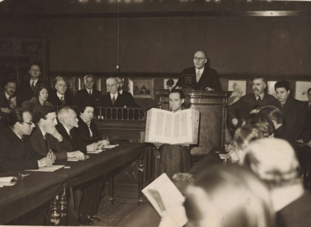 Auction of the Gutenberg Bible by Charles William Dyson Perrins at Sotheby's in London, photograph,