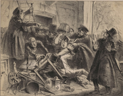 Argument during a household goods auction, Auction, print, An argument broke out during a public