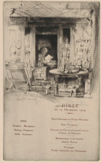 Menu for Les Cent bibliophiles, print, menu, In the doorway of his shop sits a bookseller reading.