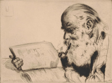 Old man with a pipe, reading a book, Quiet Hour, print, watermark: 'France', printmaker: Elias M.