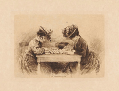 Two women with hats at a writing desk, print, Various books lie on the table. The woman on the