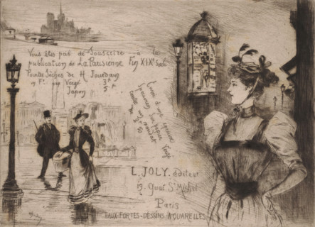Publisher's prospectus for La Parisienne fin XIXe siecle by Henri Jourdain, print, Right a woman