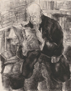 Reading man in a library, print, In a room full of books stands a bald man with a book in his hands