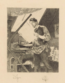 Portrait of Félicien Rops in his studio, print, The artist inspects a print, behind him on a table