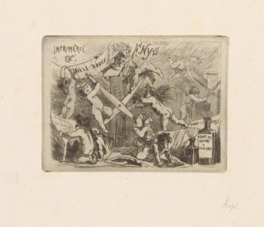 Business card of printer François Nys, print, visiting card, Depiction of eleven putti in a
