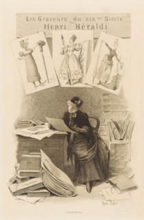 Woman examining prints behind a desk, Title page in front: Henri Béraldi, Les graveurs du XIXe