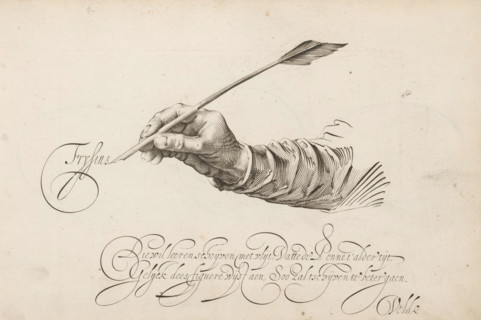 Right hand with quill, Mirror of the Art of Writing, print, album page, ornamental print, Frysius
