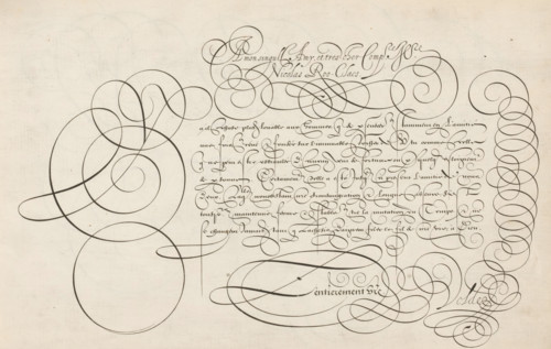 Writing sample: A mon singulier amy, Spieghel der schrijfkonste, print, album page, ornamental