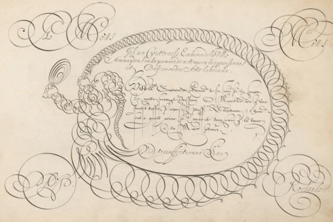 Writing sample with a figure looking in a mirror in scrollwork, 't Magazin oft pac-huys der