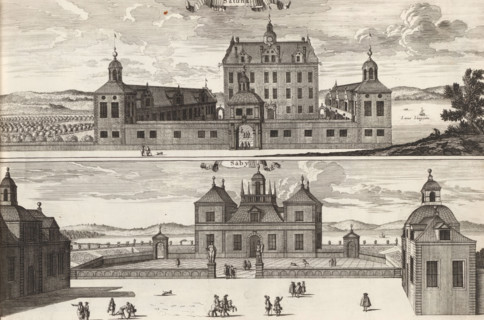 Sätuna, Säby, View of the Sätuna mansion and the Saby mansion, Suecia Antiqua et Hodierna, print,
