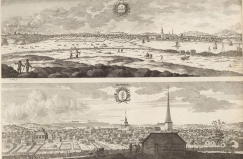 View of Falun and Hedemora, Falun, Hedemora, Suecia Antiqua et Hodierna, print, album page,