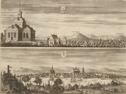 Söderhambn, Sundswald, View of the city of Söderhamn and Sundsvall, Suecia Antiqua et Hodierna,