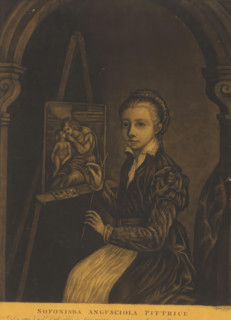 Sofonisba Angusciola Pittrice, Self-portrait of Sofonisba Anguissola, print, album page, painting a