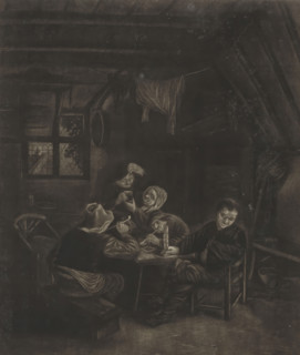 Peasant interior, print, album page, An interior with five peasants at a table. Two men are smoking